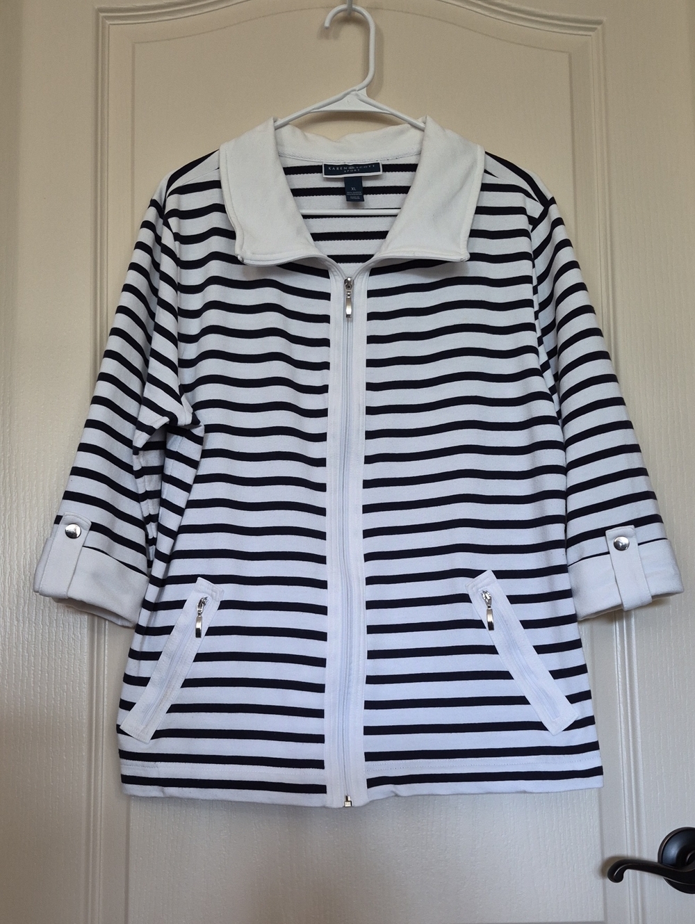 Karen Scott Sport Navy White Striped Full Zip Jacket 3/4 Sleeve XL SU18